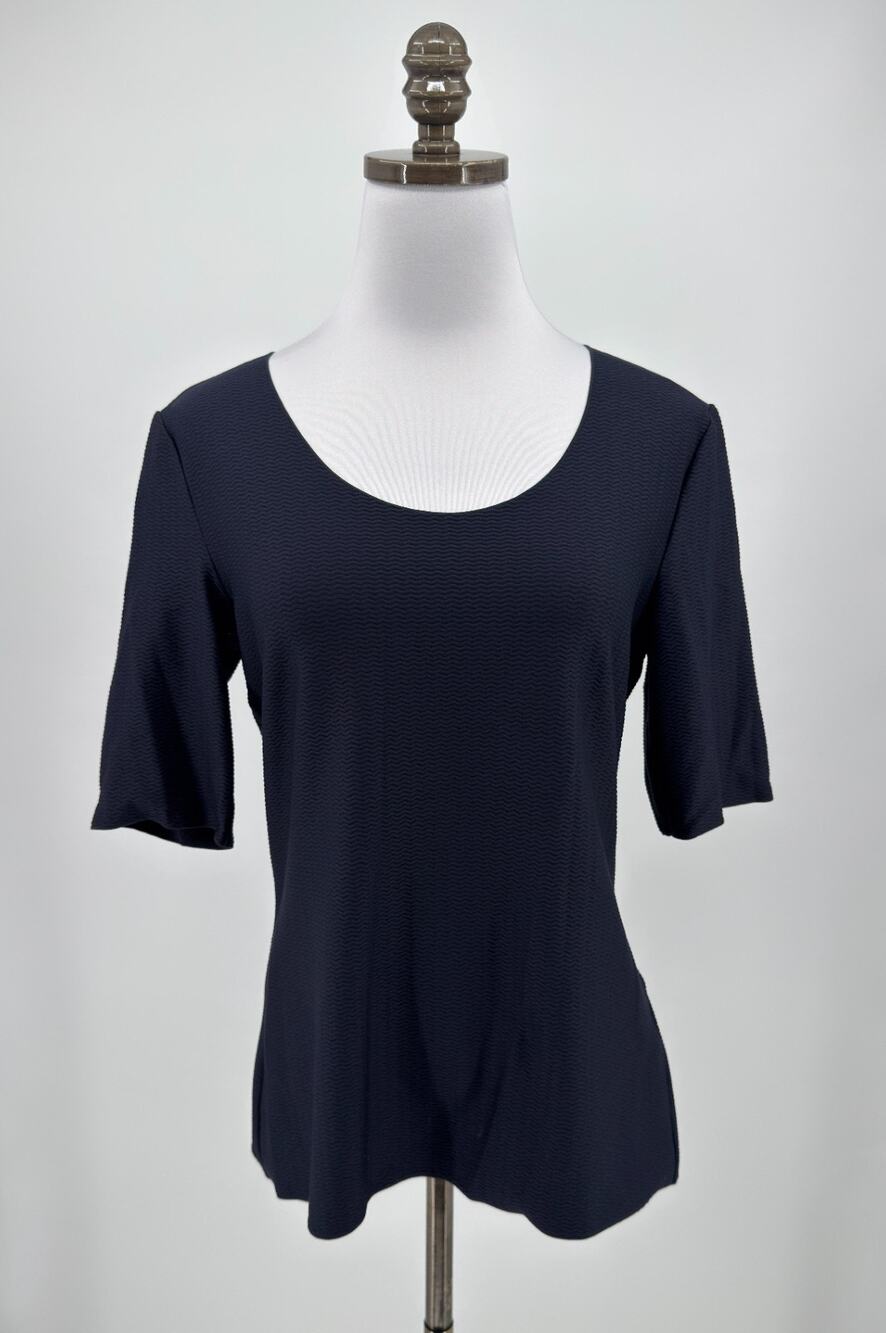 Emporio Armani Navy Blue Textured Scoop Neck Short Sleeve Blouse Top Sz 46